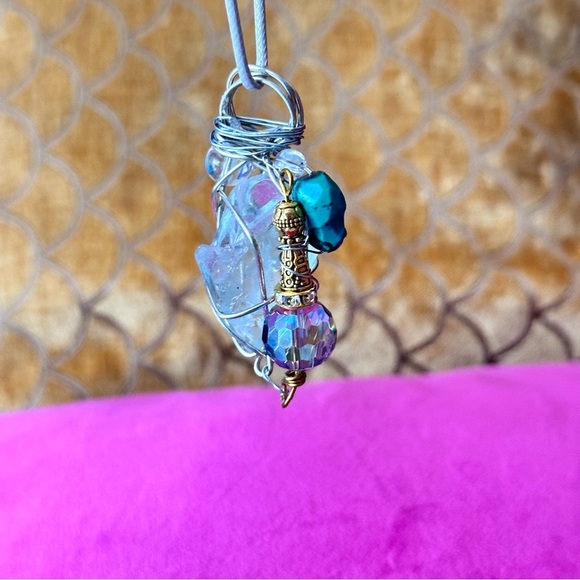 Blue Sea Beach Glass Pendant Beaded Accent Artisan Silver Wire-Wrapped Necklace - Picture 9 of 11